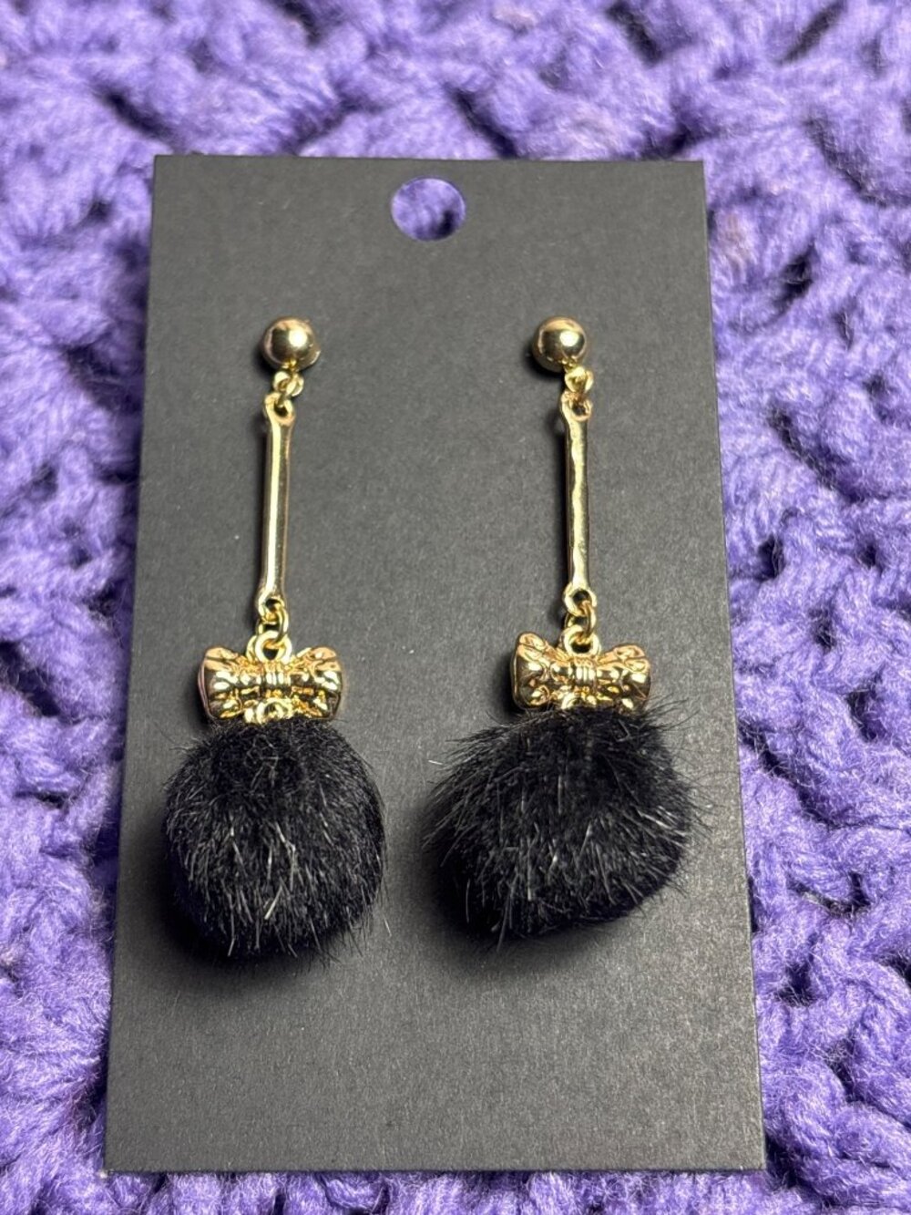 Fuzzy Black Bead Dangle Earrings Bows 2.25 inches